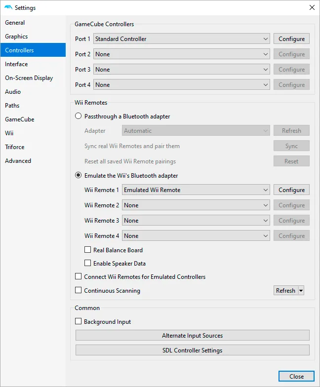 Dolphin desktop controller settings showing GameCube ports and Wii Remote options; publisher illustration with Windows-style controls.