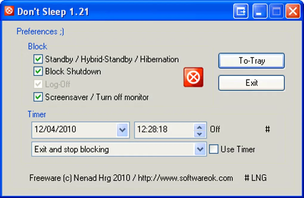 Historical Don't Sleep 1.21 Windows interface with sleep and shutdown blocking checkboxes and timer controls