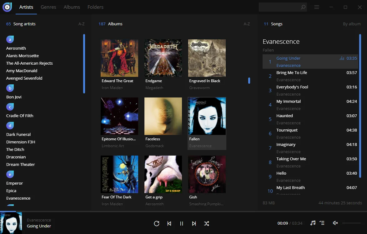 Dopamine music library with artists, album covers, an Evanescence track list and playback controls; publisher screenshot, release unspecified.