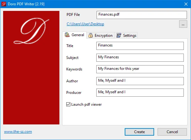 Doro PDF Writer 2.19 for Windows showing the General tab, PDF metadata fields and Create button