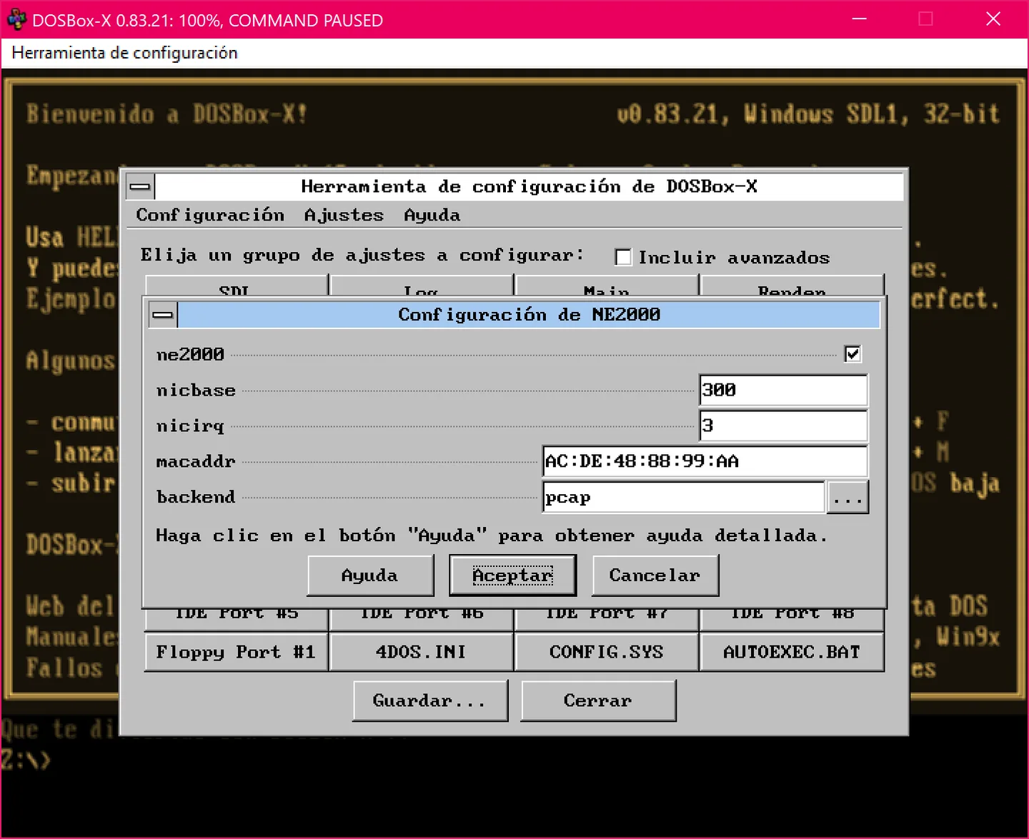 DOSBox-X 0.83.21 on Windows showing the Spanish configuration tool and NE2000 network settings (historical publisher screenshot).