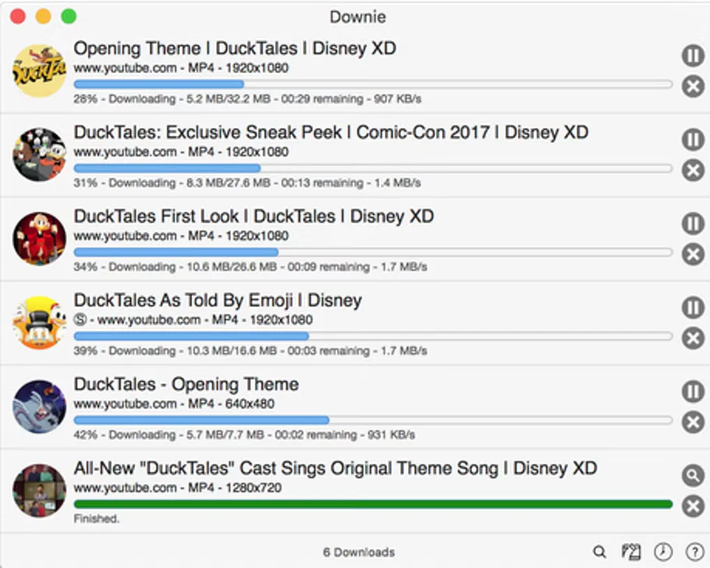 Downie for Mac showing six video download rows with progress bars, pause controls and a finished download