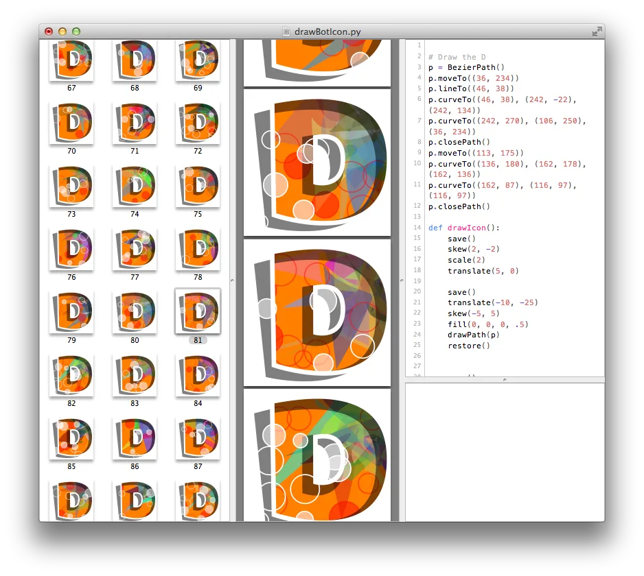 DrawBot on Mac showing Python code beside colorful drawing previews and page thumbnails.