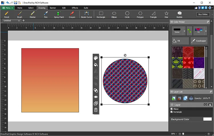 Publisher DrawPad screenshot with gradient rectangle, patterned circle and layers; Windows-style interface shown for illustration.