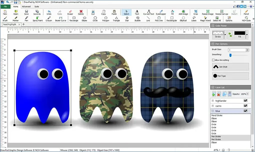DrawPad for Windows with three ghost-shaped designs on the canvas, drawing tools above and a layer list on the right