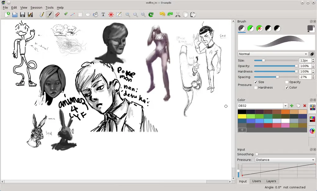 Historical Drawpile desktop interface with a shared sketch canvas, brush controls, color palette and input panel; not the current Windows release.