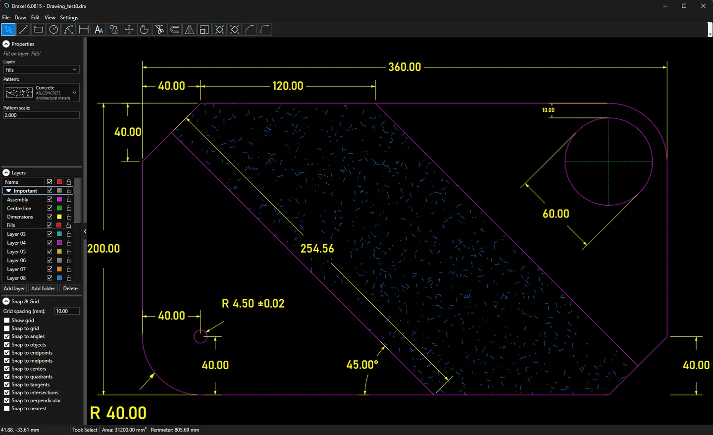 Draxel 6.0815 workspace showing a dimensioned technical drawing, layer folders, fill properties and snapping controls