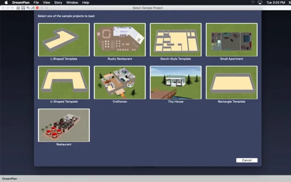 DreamPlan on Mac showing the Select Sample Project dialog with house, apartment and restaurant templates