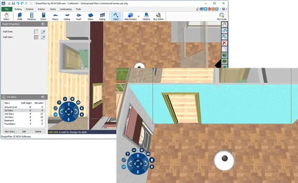 DreamPlan gallery image showing the Windows wall-painting tools and an enlarged view of an interior floor plan
