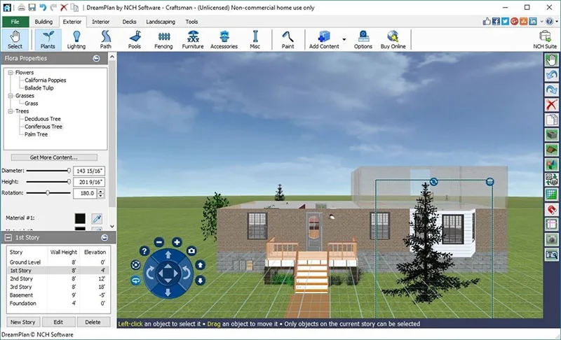 DreamPlan Windows interface showing a house, deck and selected tree with landscaping and story controls