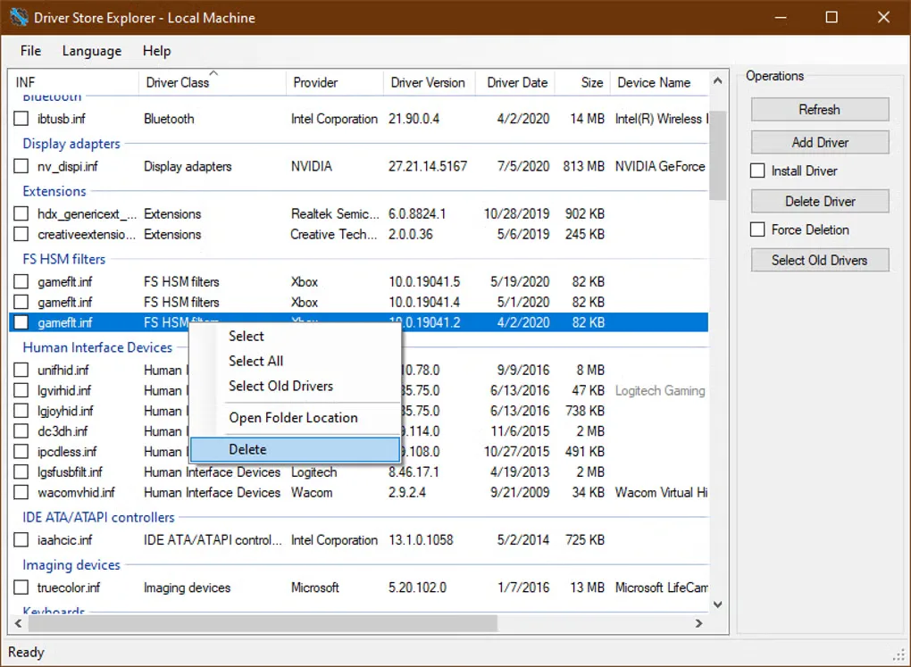 Earlier Driver Store Explorer Windows interface showing driver packages, the operations panel and a Delete context menu.