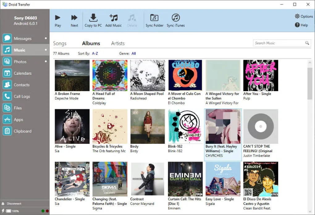Earlier Droid Transfer Windows interface showing Android music albums, Copy to PC and Sync iTunes controls