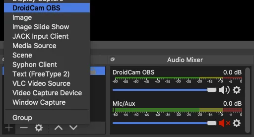 Publisher illustration of DroidCam OBS selected in the OBS source menu beside the audio mixer; not a Windows-build capture