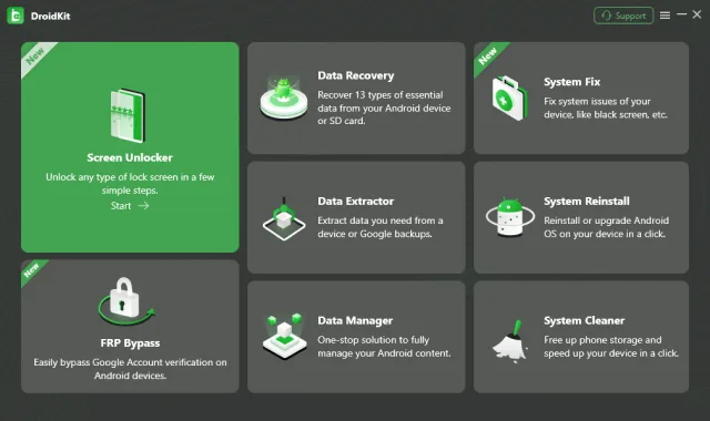 DroidKit Windows dashboard with Screen Unlocker, Data Recovery, System Fix, Data Extractor, System Reinstall, FRP Bypass, Data Manager and System Cleaner tiles