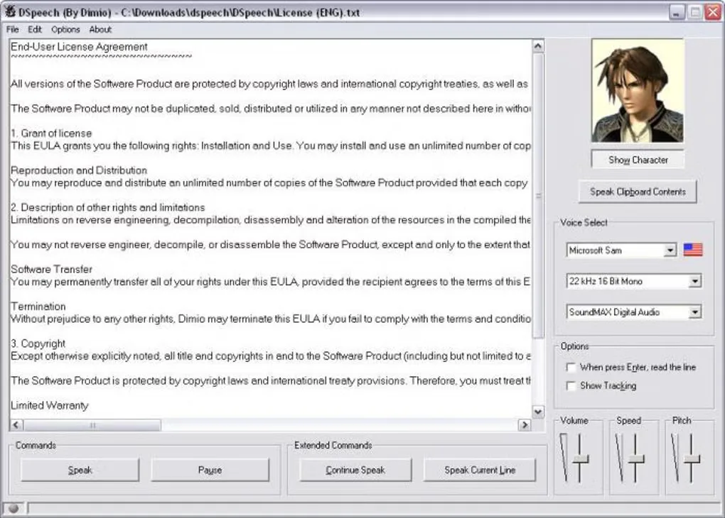 Older DSpeech window showing text, voice selection, speech controls and volume, speed and pitch sliders.