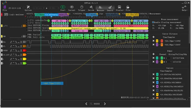 Publisher screenshot of DSView 1.1.0 showing logic traces, I²C EEPROM decoding and cursor measurement panels