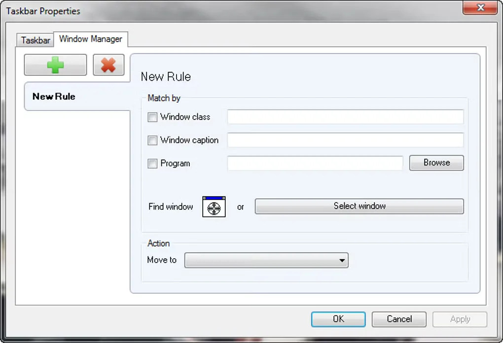 Dual Monitor Taskbar Taskbar Properties window showing Window Manager rules matched by class, caption or program.