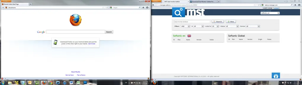 Dual Monitor Taskbar gallery image showing two Windows desktop screens with taskbars along the bottom.