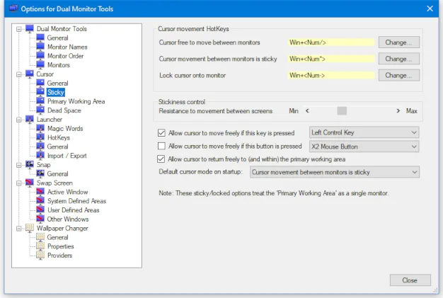 Dual Monitor Tools options showing Cursor Sticky settings, boundary resistance and cursor-release controls
