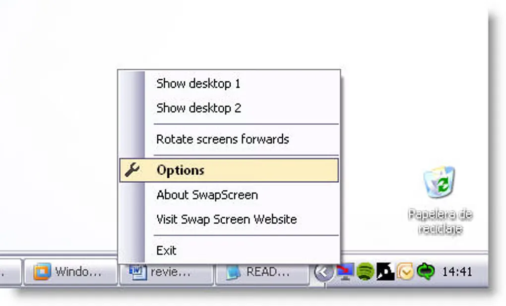 Historical Swap Screen notification-area menu with Show desktop and Rotate screens commands