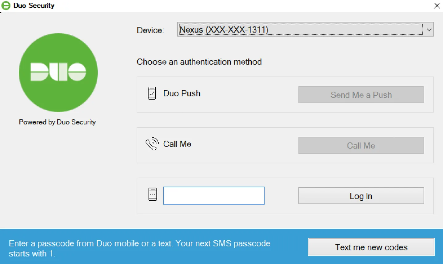 Duo Security Windows authentication prompt with a device selector, Duo Push, Call Me and passcode login controls.
