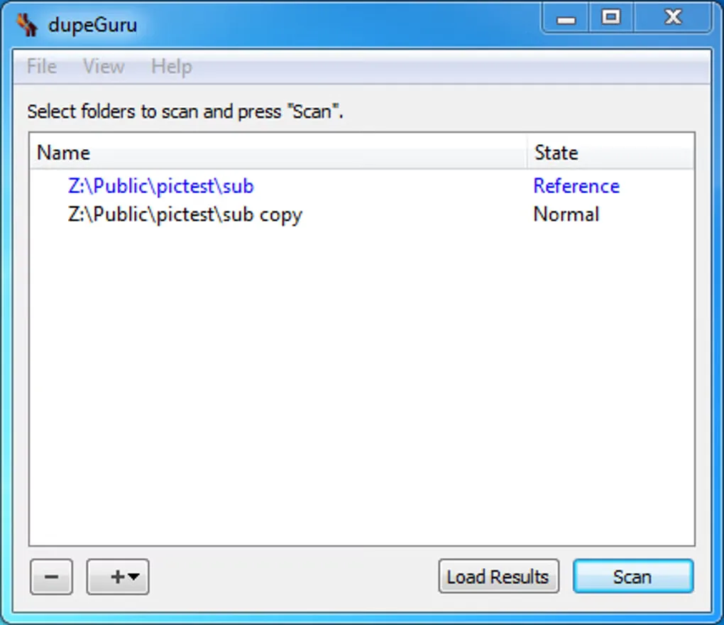 Older dupeGuru Windows folder-selection window with Reference and Normal folders and a Scan button