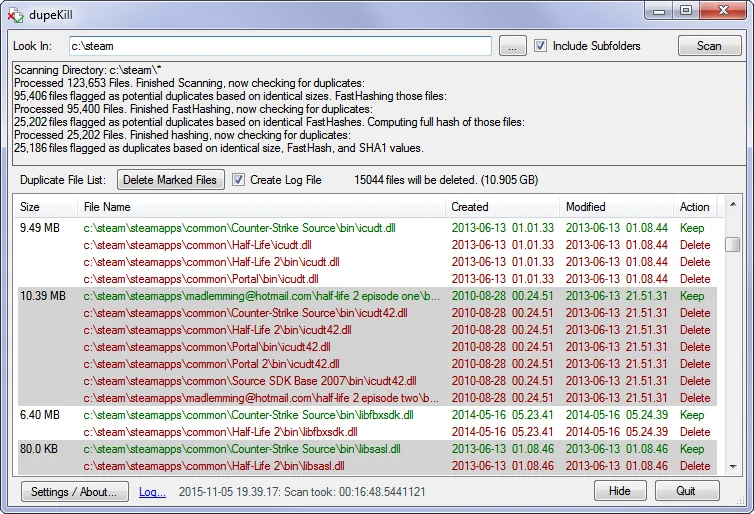 Older DupeKill publisher screenshot showing a folder scan, duplicate file groups and Keep or Delete actions.