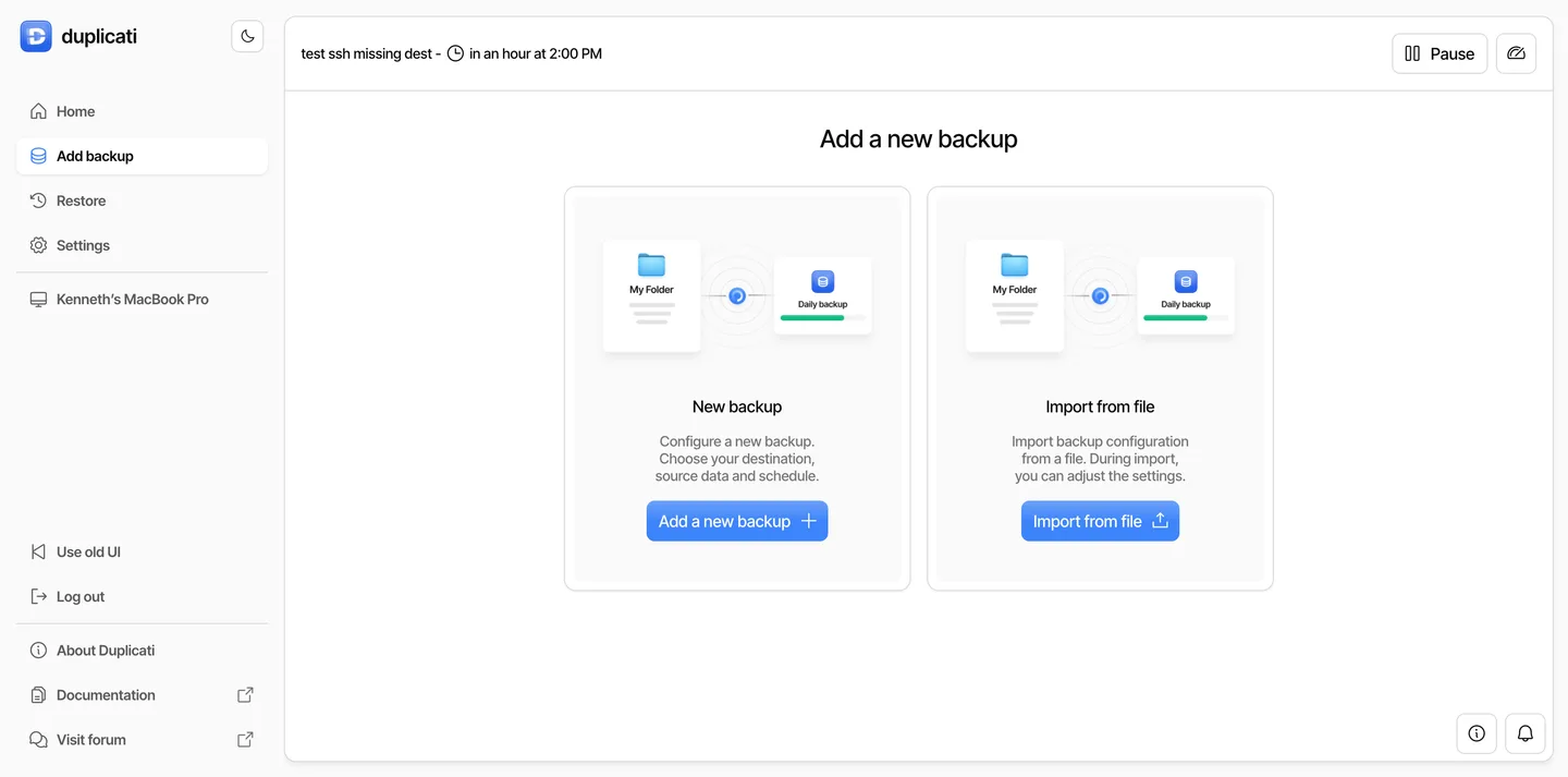 Duplicati shared web interface showing Add a new backup and Import from file; publisher capture on a MacBook Pro