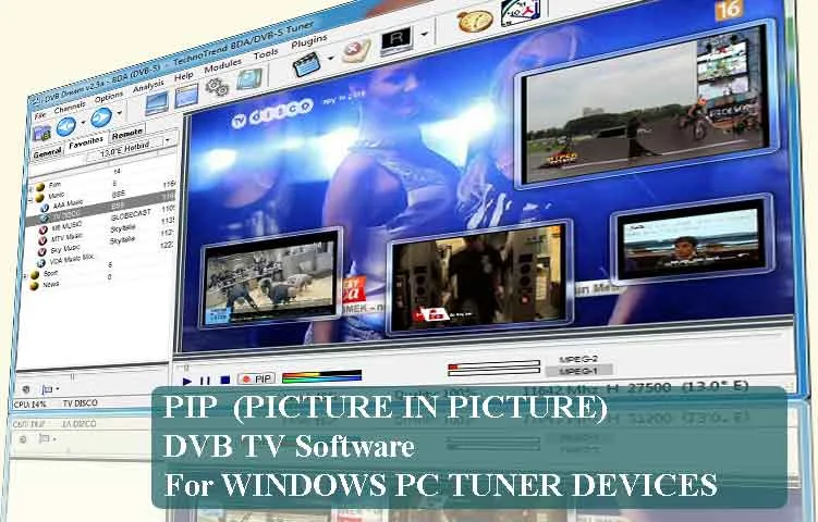 Publisher promotional screenshot of DVB Dream with a channel list and several picture-in-picture TV windows