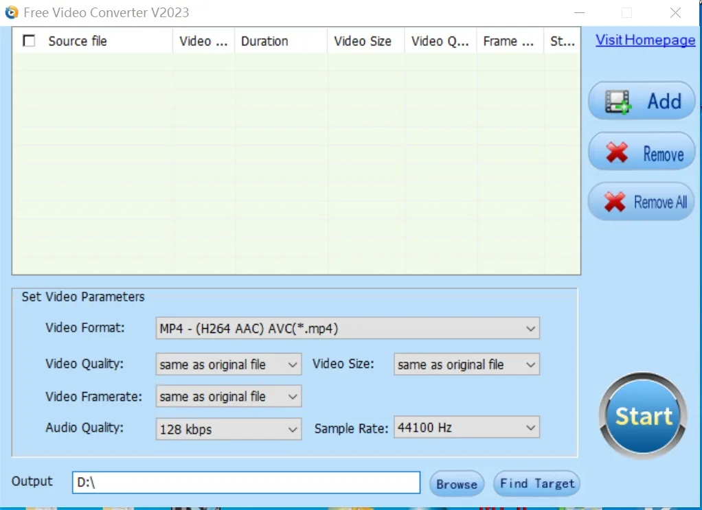 Publisher screenshot of Free Video Converter V2023 showing a file queue, MP4 output settings, output folder and Start button