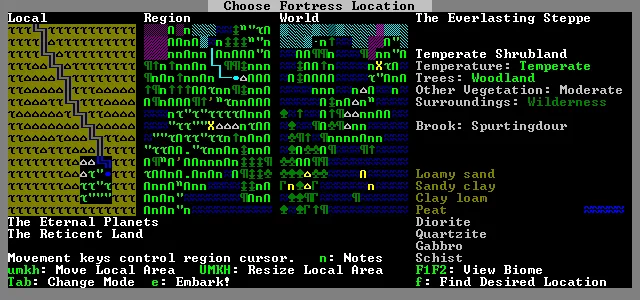 Historical Dwarf Fortress Classic fortress-location screen with local, regional and world maps