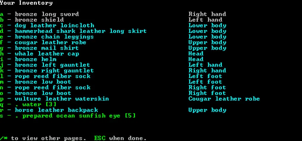 Historical Dwarf Fortress Classic inventory listing equipment and the body parts where items are worn