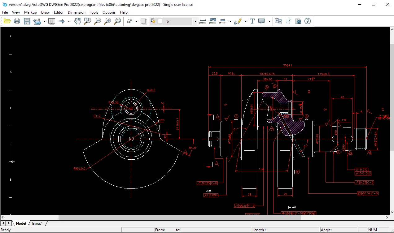 Publisher's DWGSee Pro 2022 Windows screenshot showing dimensioned mechanical drawings on a black canvas