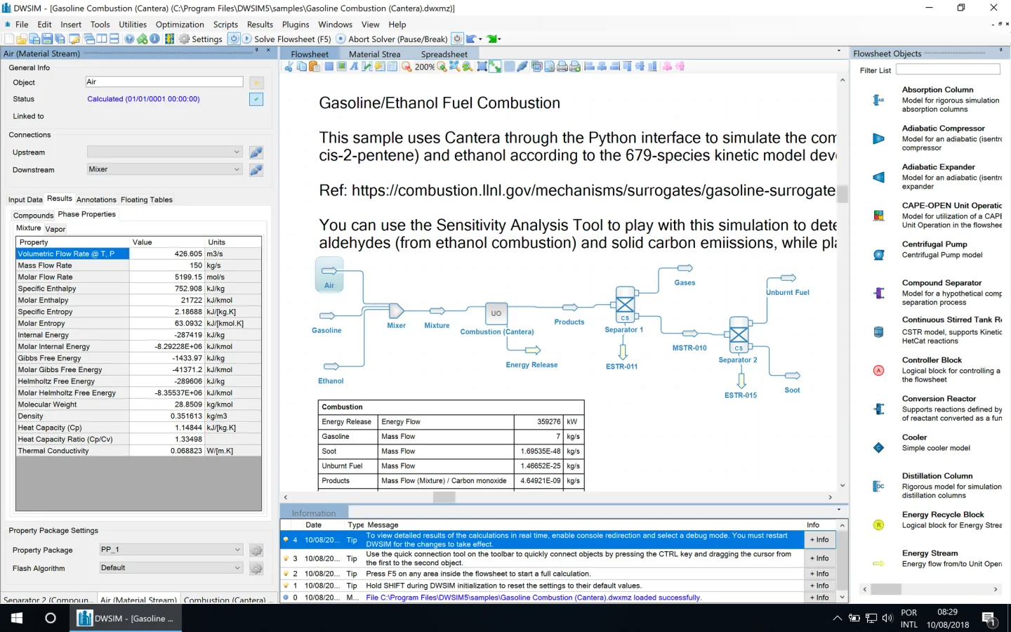 Historical DWSIM Windows interface showing a gasoline/ethanol combustion flowsheet, stream properties and unit-operation palette (2018).
