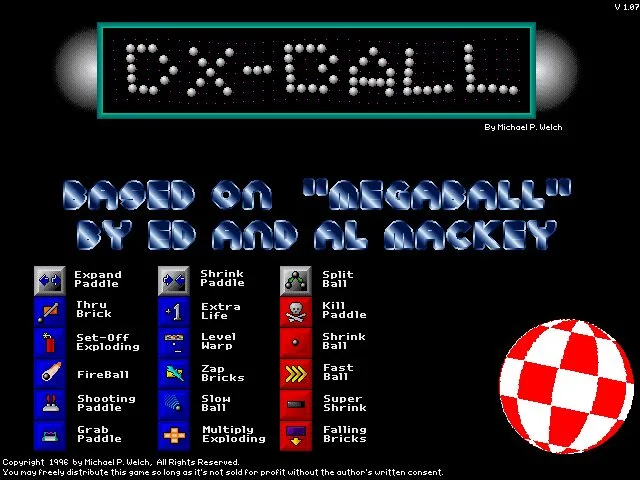 Historical DX-Ball V1.07 power-up reference screen showing paddle and ball modifiers, not the linked 1.09 build