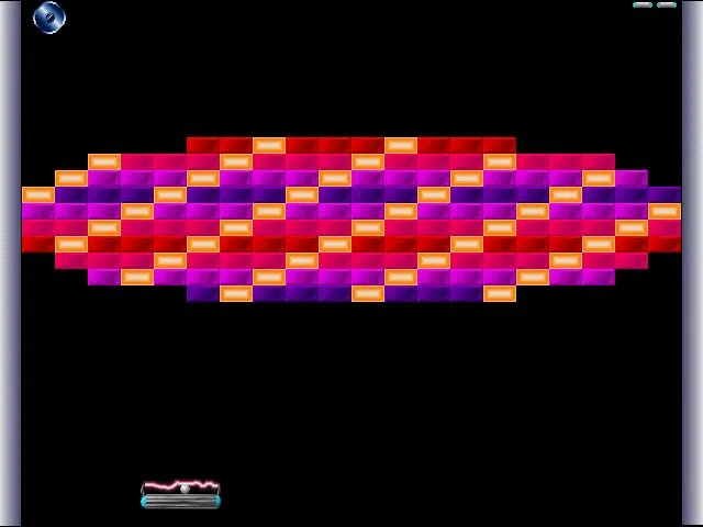 Historical DX-Ball Windows playfield with colored bricks, a bottom paddle and ball; exact build not established