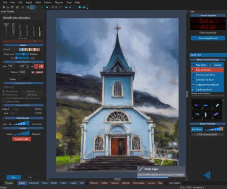 Dynamic Auto-Painter 9 dark workspace with a painted church, brush controls and painting stages