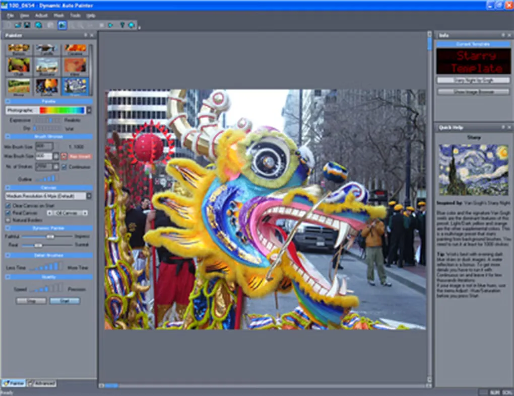 Historical Dynamic Auto-Painter Windows interface with a dragon photograph, style presets and painting controls