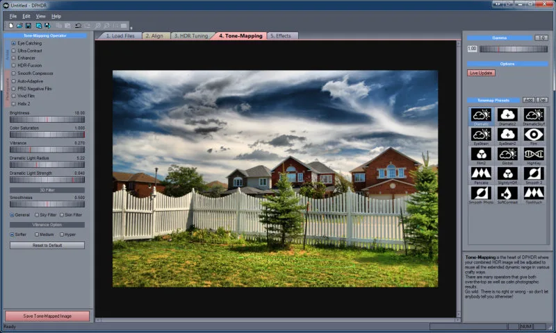 Dynamic Photo HDR Tone-Mapping workspace with a house-and-sky photo preview, adjustment sliders and tone-map presets.