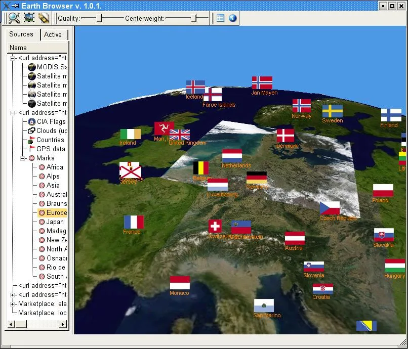 Earth3D publisher Linux screenshot showing a 3D Europe view, country flags, source tree and navigation controls; not the Mac interface.