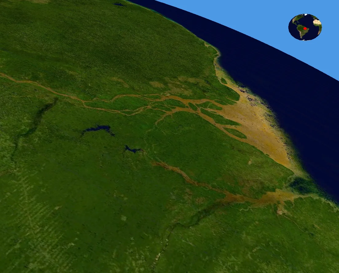 Earth3D publisher screenshot of a river delta in an angled terrain view with a small overview globe in the upper-right corner.