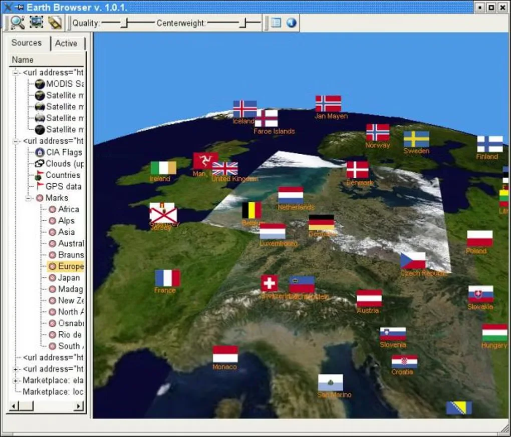 Historical Earth3D gallery screenshot: Earth Browser v. 1.0.1 showing Europe, country flags and the Sources sidebar