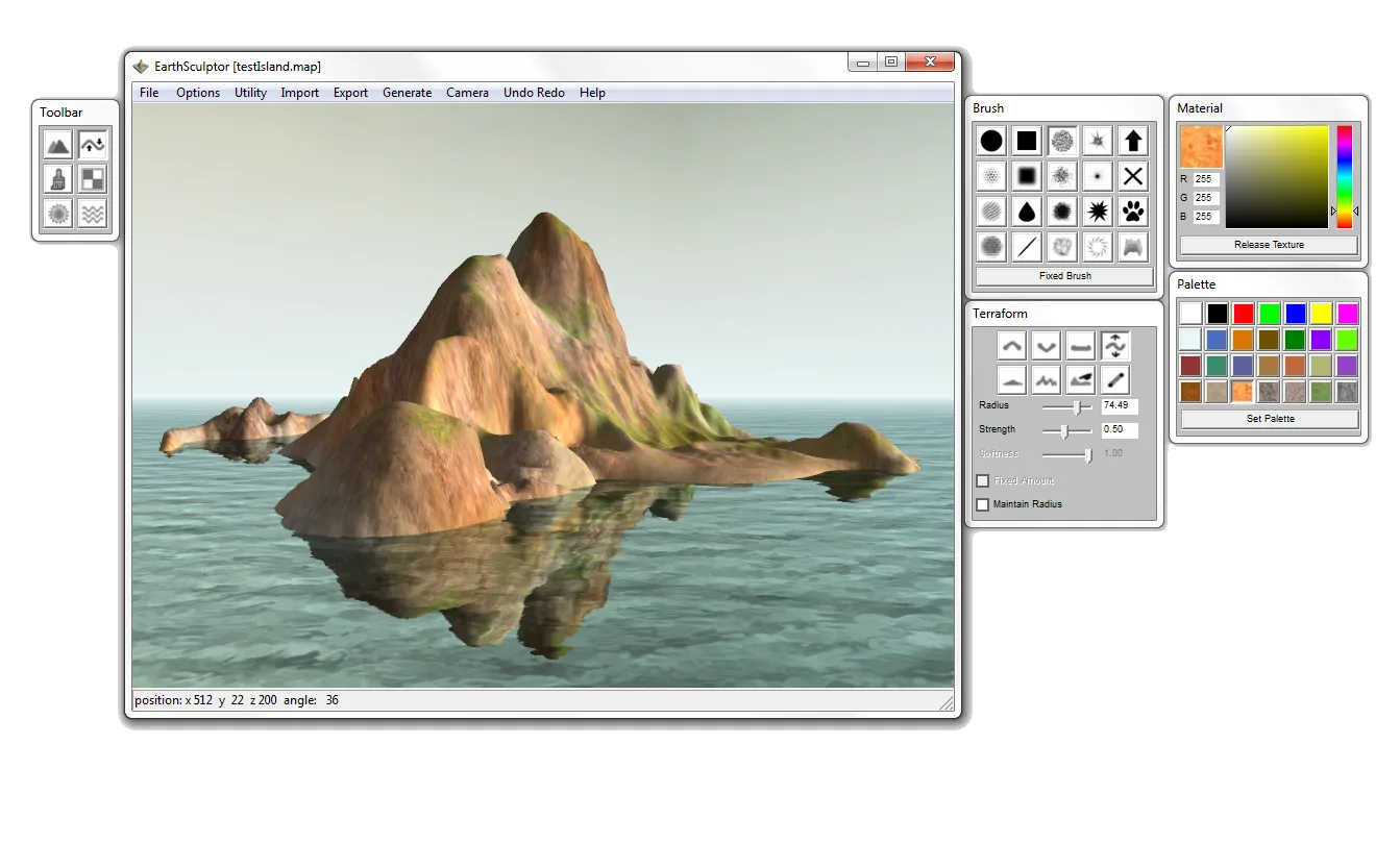 EarthSculptor editor showing an island, reflecting water, and Brush, Terraform, Material and Palette panels.