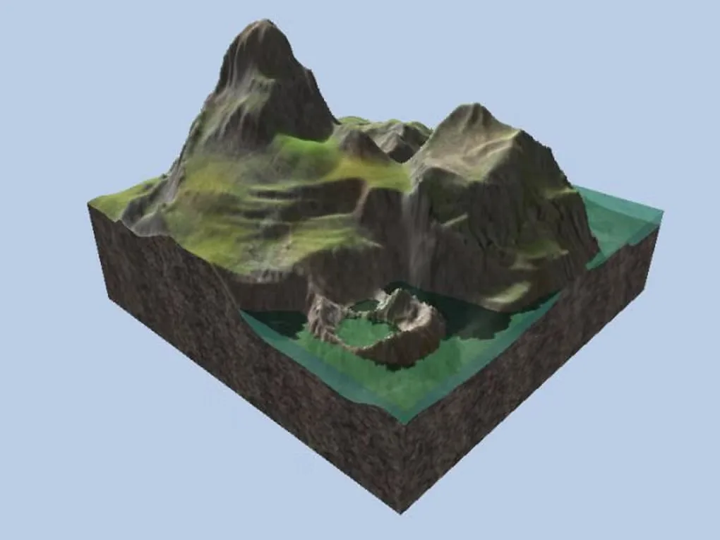 EarthSculptor source-gallery terrain preview with textured mountains, cliffs and water.