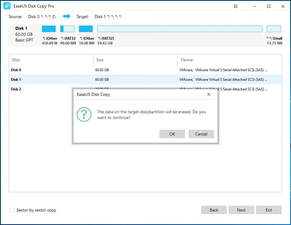 EaseUS Disk Copy Pro target disk selection with a warning that destination disk or partition data will be erased