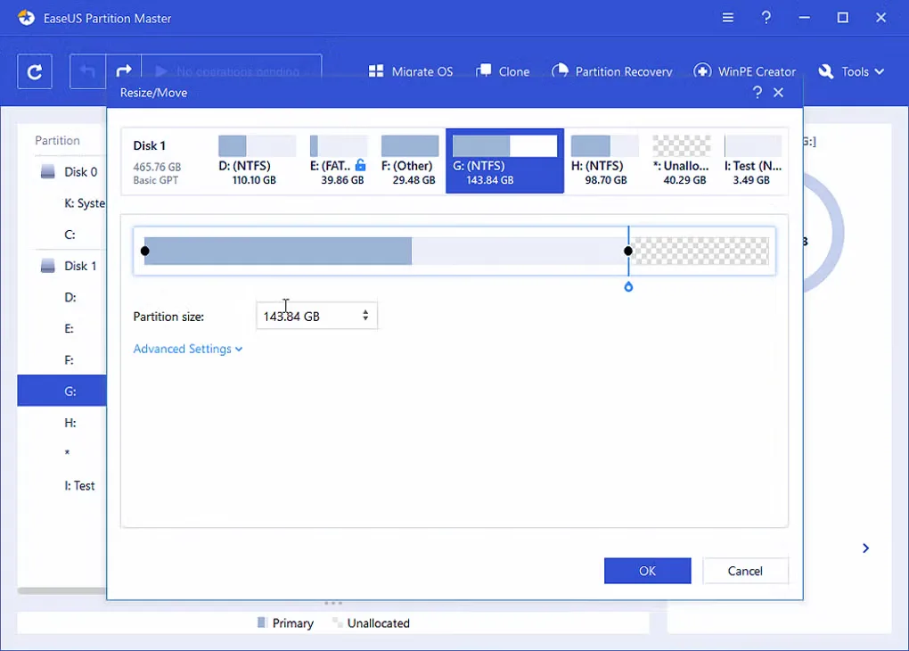 EaseUS Partition Master for Windows showing the Resize/Move dialog, partition map and partition-size control.