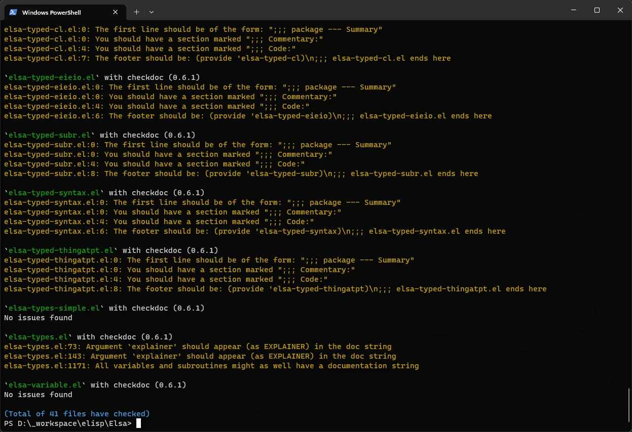 Eask publisher example in Windows PowerShell showing checkdoc warnings for Emacs Lisp files and a completed 41-file check.