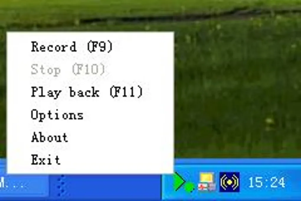 Easy Macro Recorder system-tray menu on Windows with Record, Stop, Play back and Options commands.