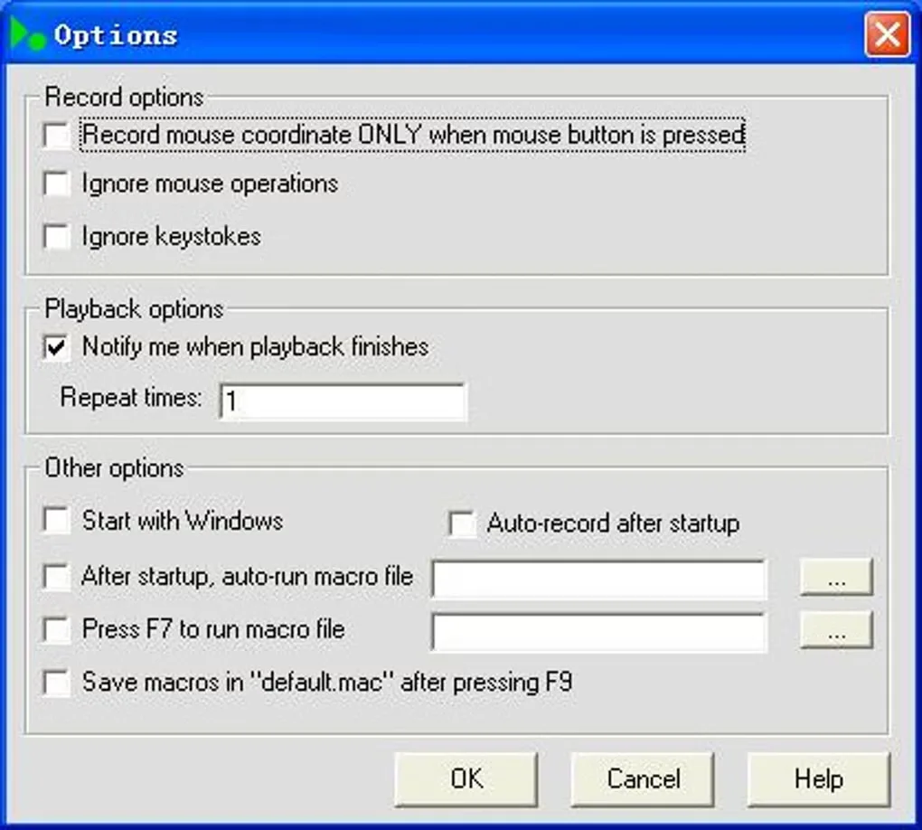 Historical Easy Macro Recorder Options window with recording filters, repeat count and startup controls.