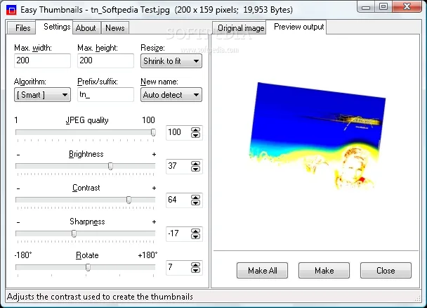 Easy Thumbnails on Windows showing resize settings, JPEG quality and adjustment sliders beside an altered output preview.